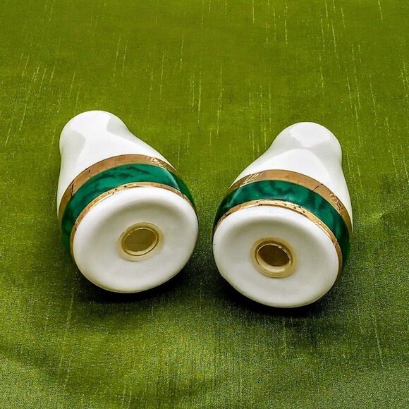 White Porcelain Green Gold Trim Salt & Pepper Shakers - Picture 3 of 6